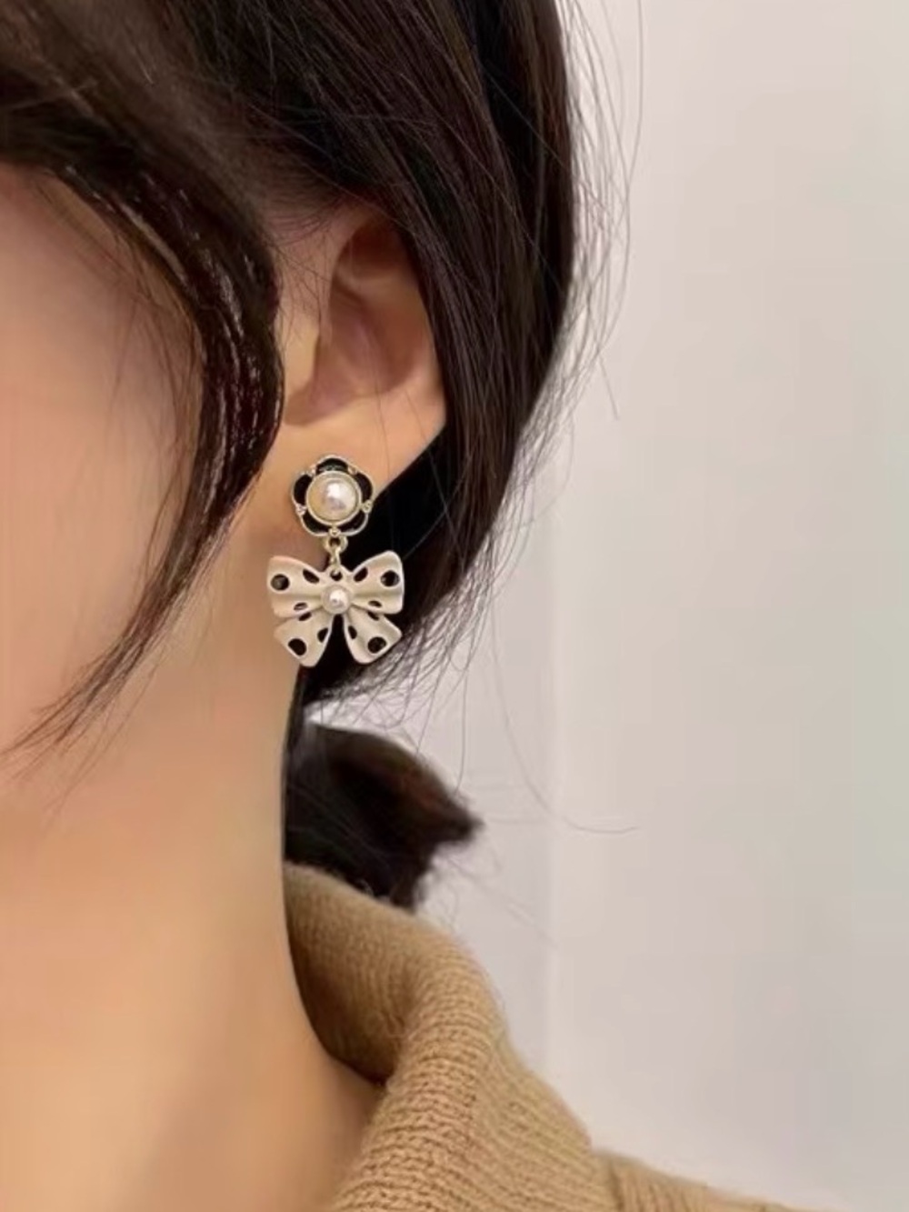 Pearl Accent Silver Bow Drop Earrings